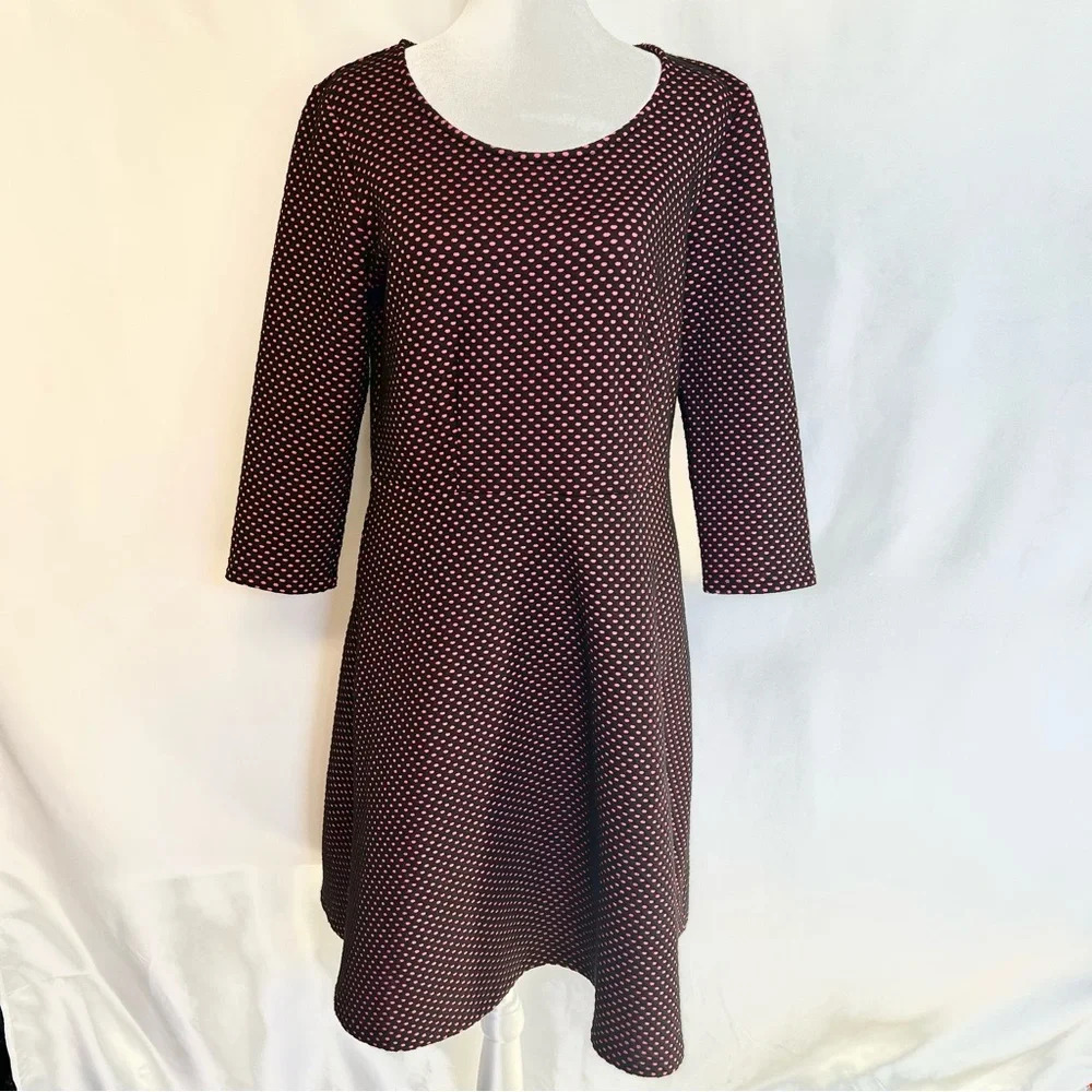 NY Collection A Line Polka Dot Dress Black Pink 3/4 Sleeve Back Zip Size Medium